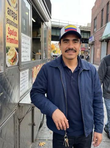 Camilo, AI character: Roosevelt Avenue in Jackson Heights in the late afternoon, leaning against the side of his arepa food…