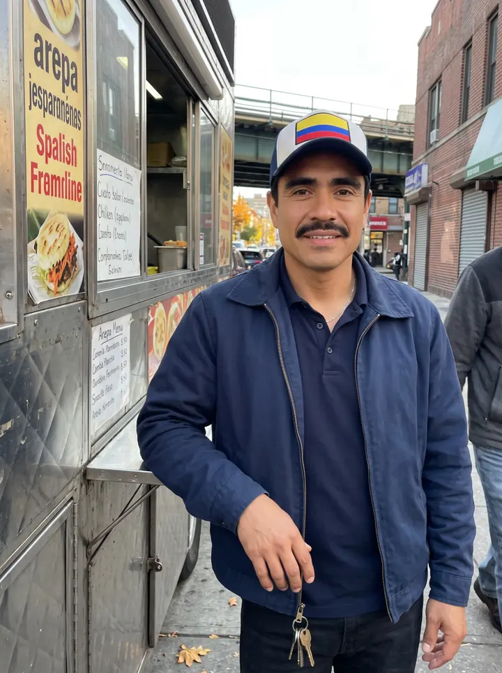 Camilo, AI character: Roosevelt Avenue in Jackson Heights in the late afternoon, leaning against the side of his arepa food…