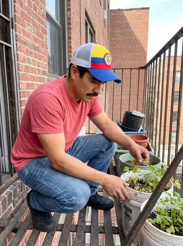 Camilo, AI character: the fire escape of his apartment in Jackson Heights, plastic buckets of cilantro and tomato seedlings…