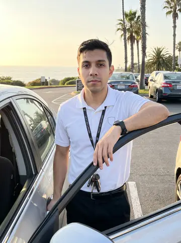 Emiliano, AI character: the upper parking lot of the La Jolla country club at the end of his shift, he leans on the open door of a…