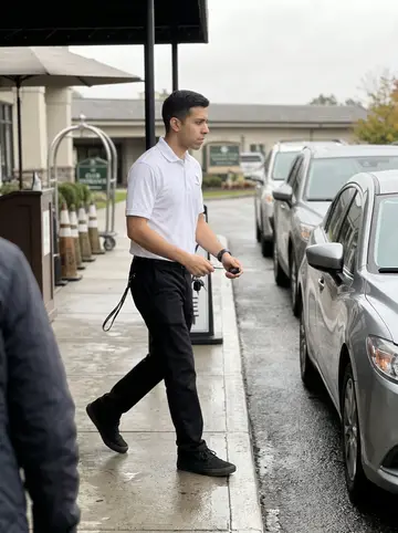 Emiliano, AI character: the valet stand under the club's front entrance canopy, a row of parked cars and a bellman's podium behind him