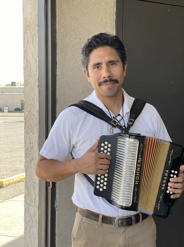 Benicio, AI character: outside the VFW hall on Zapata Highway before the Sunday conjunto set, standing by the side door with his…