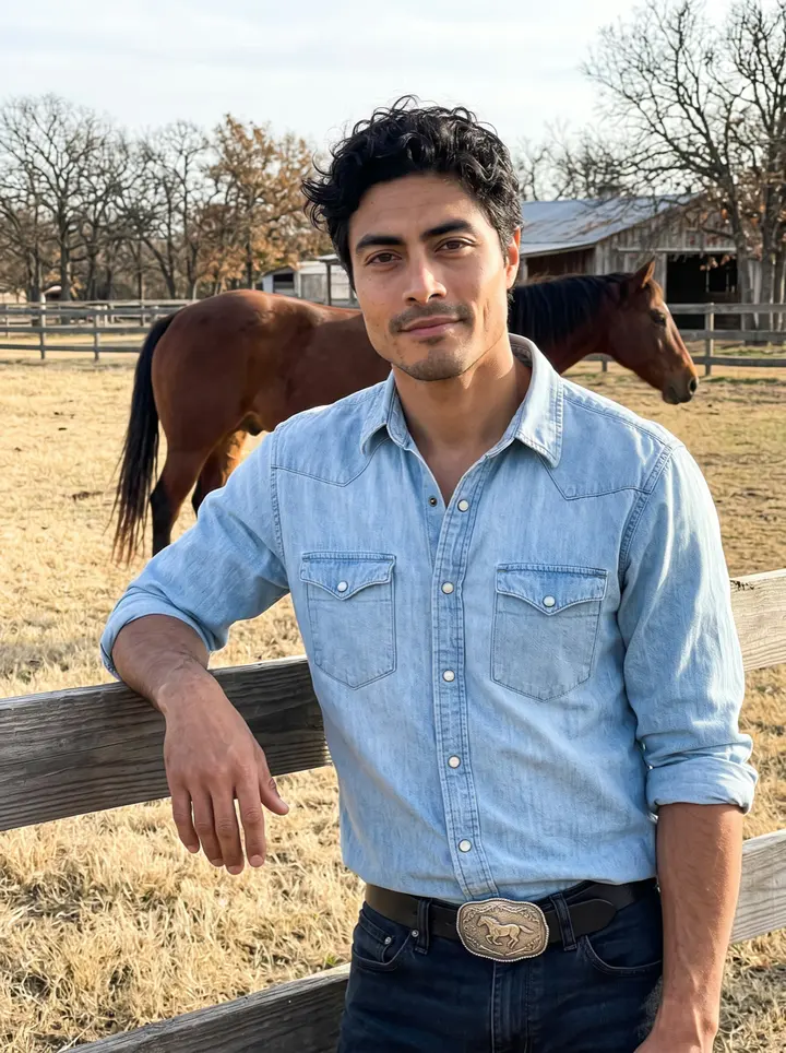 Beto, AI character: the wooden paddock fence at the boarding stable outside Weatherford, a bay quarter horse standing…