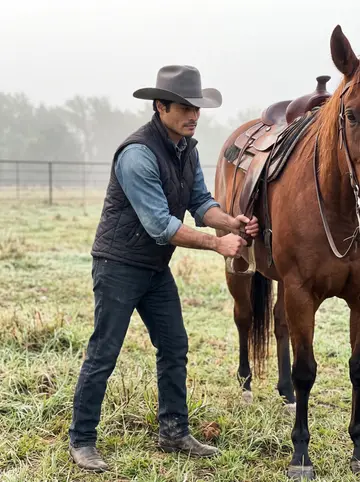 Beto, AI character: an open pasture outside Weatherford at dawn, thin fog lying over the grass, a bay quarter horse beside him