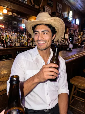 Beto, AI character: a honky-tonk bar in the Fort Worth Stockyards, wooden bar and neon beer signs behind him