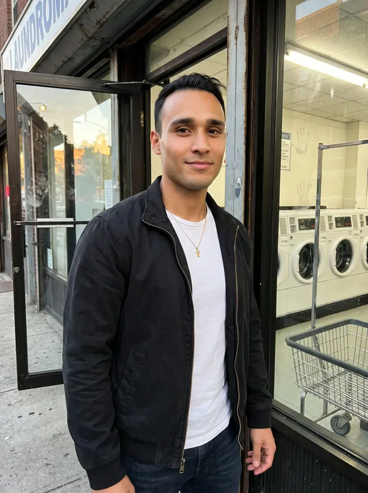 Kevin, AI character: outside one of his family's laundromats in Jackson Heights, leaning beside the glass door while the…