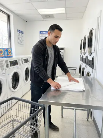 Kevin, AI character: inside the laundromat between two rows of white dryers on a bright spring morning