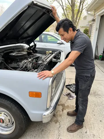 Juan, AI character: his driveway on a bright Saturday, working on a primer-grey 1972 Chevy C10 with his niece just out of…