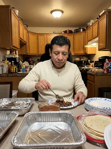 Juan, AI character: his mother's kitchen during Sunday barbacoa, sitting at a crowded table with foil trays, tortillas, and a…