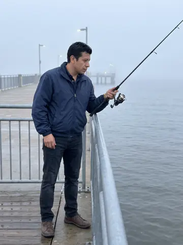 Juan, AI character: a quiet fishing pier in Galveston before dawn, grey water and low fog behind the rail