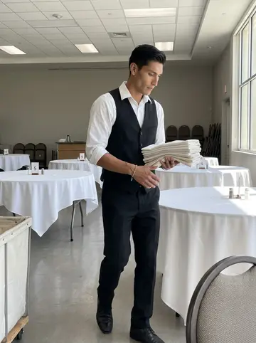 Rubén, AI character: inside the banquet hall before opening, between round tables with white tablecloths and folded chairs…