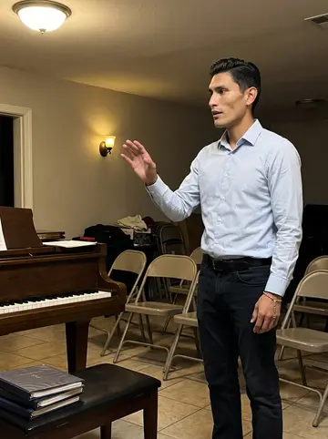 Rubén, AI character: parish choir room after Sunday rehearsal, folding chairs, hymn binders and a piano along the wall