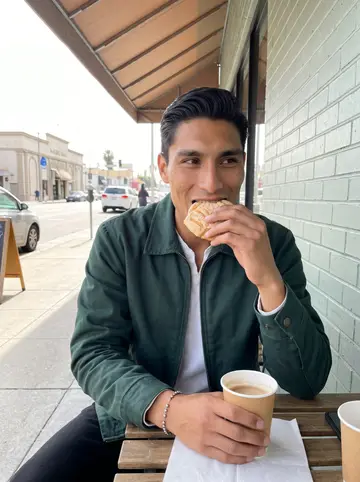 Rubén, AI character: sidewalk table outside the bakery across from the hall, morning traffic and a painted brick wall behind him