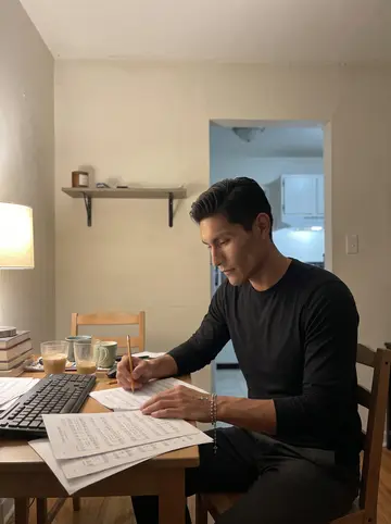 Rubén, AI character: small apartment dining table late at night, hymn sheets, a cheap keyboard and a half-finished coffee…