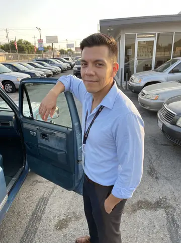 Ángel, AI character: the used-car lot in San Antonio near closing time, beside a clean 1987 Chevy Silverado with the rows of…