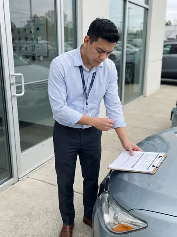 Ángel, AI character: outside the dealership office by the glass door and key board during a quiet afternoon between customers