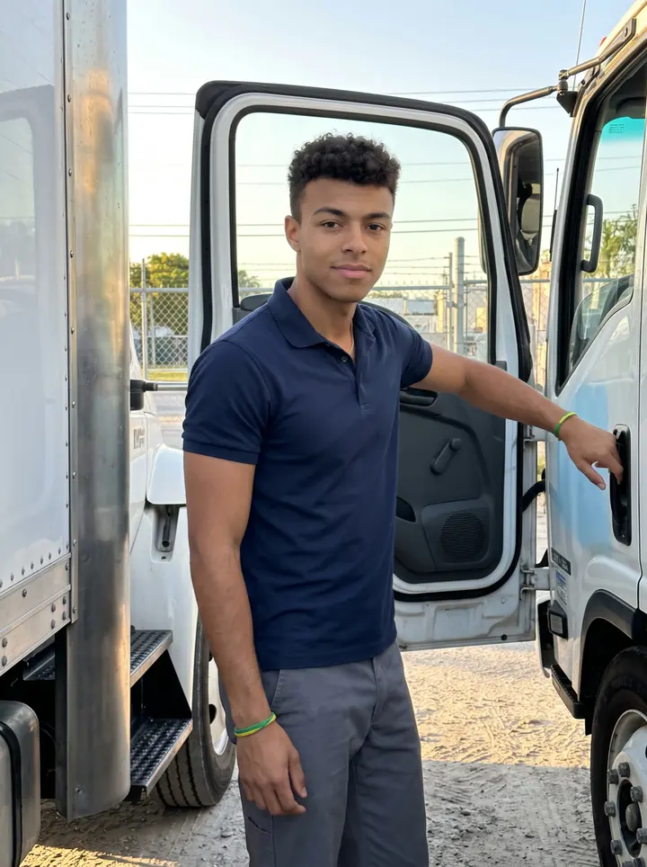 Caio, AI character: beside a clean white route truck parked outside the waste-hauling yard in Hialeah, late low sun on the…