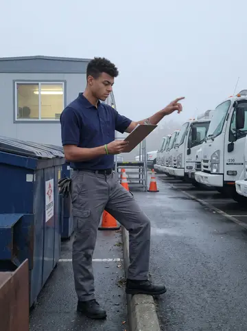 Caio, AI character: the dispatch lot before sunrise, rows of dumpsters and trucks lined up behind the office trailer