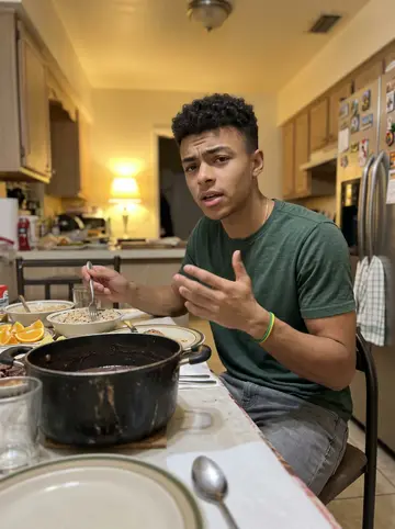 Caio, AI character: his tia's kitchen in Hialeah during Sunday feijoada, crowded table with bowls, orange slices, rice, and a…