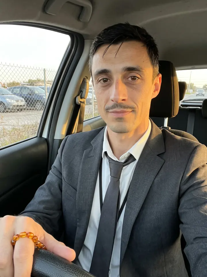 Kostas, AI character: the Piraeus container port at the end of a shift, leaning on a painted steel railing by the quay, stacked…