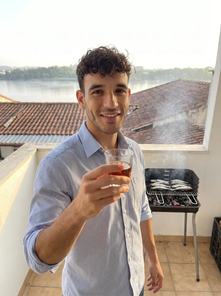 Joao, AI character: his narrow balcony in Miragaia on a Saturday evening, a small charcoal grill with sardines behind him,…