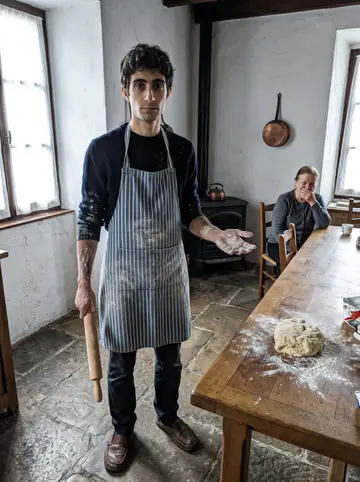 Iñaki, AI character: a crowded pintxo bar in the Casco Viejo of Bilbao, a zinc counter with plates of pintxos and wooden…