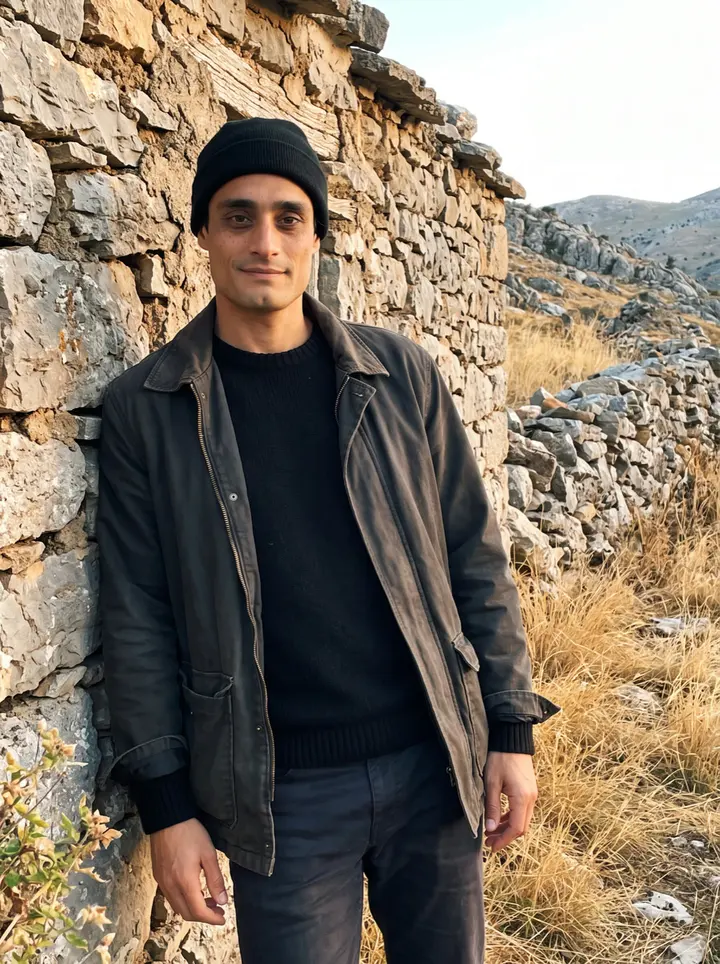 Yorgos, AI character: beside the dry-stone wall of a shepherd's hut on a high ridge above Anogeia, dry golden grass and rocky…