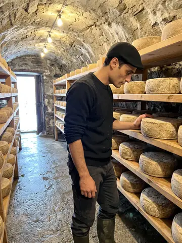 Yorgos, AI character: inside the family's old stone mountain cave where graviera wheels age on long wooden shelves