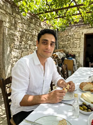 Yorgos, AI character: under the vine pergola at his grandmother's stone house in Anogeia, long lunch table with bread, graviera,…