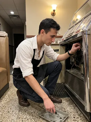 Kyriakos, AI character: after closing in the dim diner, crouched beside the old 1960s jukebox near the back wall with a small…