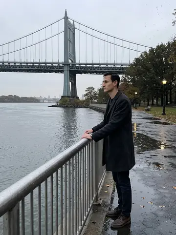 Kyriakos, AI character: Astoria Park by the East River at damp dusk, standing near the railing with the bridge and grey water…