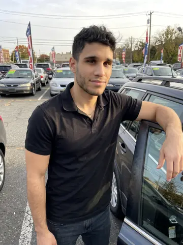 André, AI character: the front row of a Newark used-car lot at golden hour, standing beside the open door of a freshly washed…