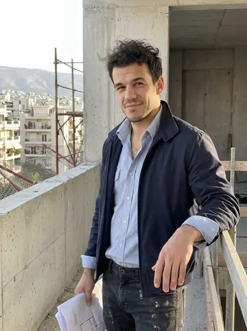 Charalampos, AI character: late afternoon on an Athens construction site balcony, city apartment blocks and pale hills behind him,…