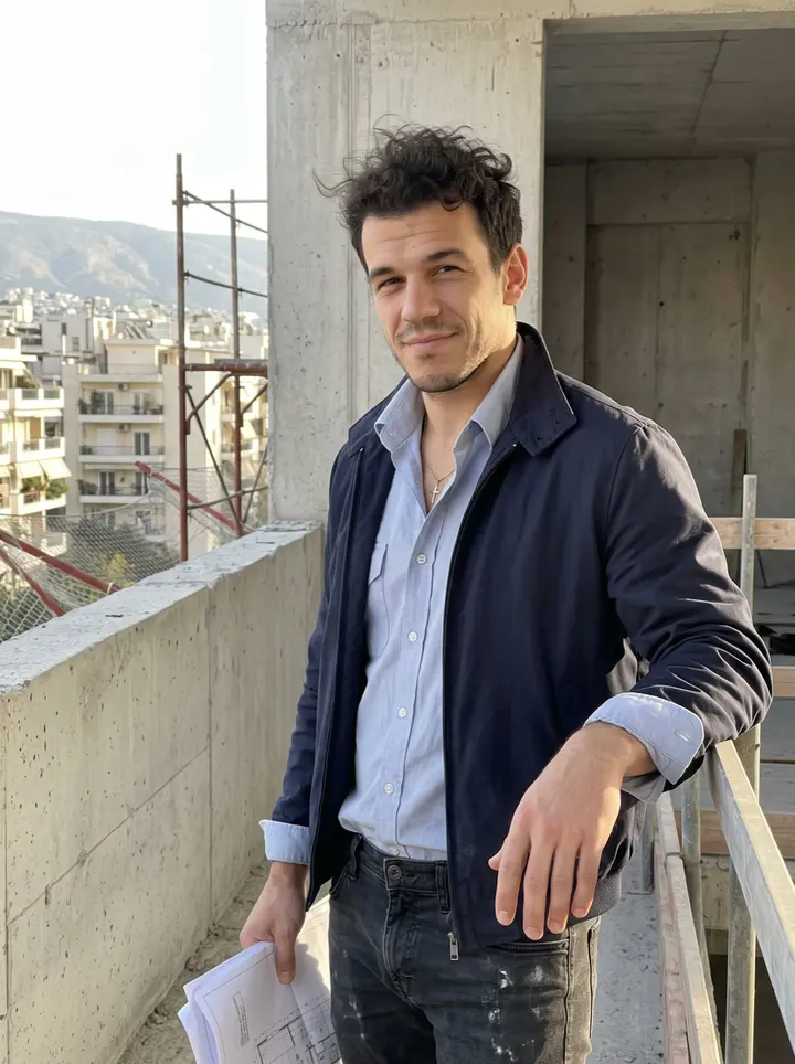 Charalampos, AI character: late afternoon on an Athens construction site balcony, city apartment blocks and pale hills behind him,…
