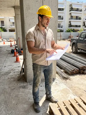 Charalampos, AI character: midday on a dusty building site in Athens, concrete columns, rebar stacks and a parked pickup nearby