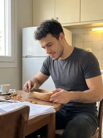 Charalampos, AI character: his apartment kitchen table early in the morning, a half-carved olive-wood boat, small tools, coffee cup…