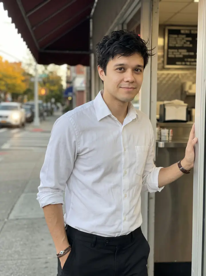 Nikitas, AI character: outside his family's diner in Astoria just before the dinner shift, standing in the open side doorway with…