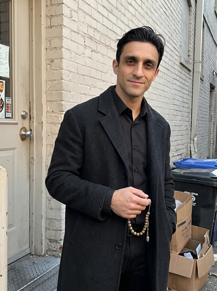 Grigoris, AI character: outside the side door of his Greektown restaurant in Chicago after the early dinner rush, brick wall and a…