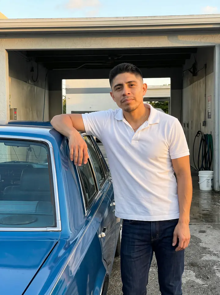 Jerónimo, AI character: outside his Miami car wash at golden hour, leaning beside a freshly detailed vintage blue Chevrolet near…