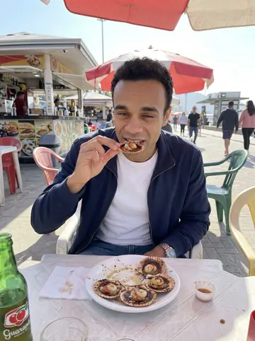 Sol, AI character: a plastic table at a seaside kiosk on the Guarujá waterfront on a cool bright day, a plate of grilled…