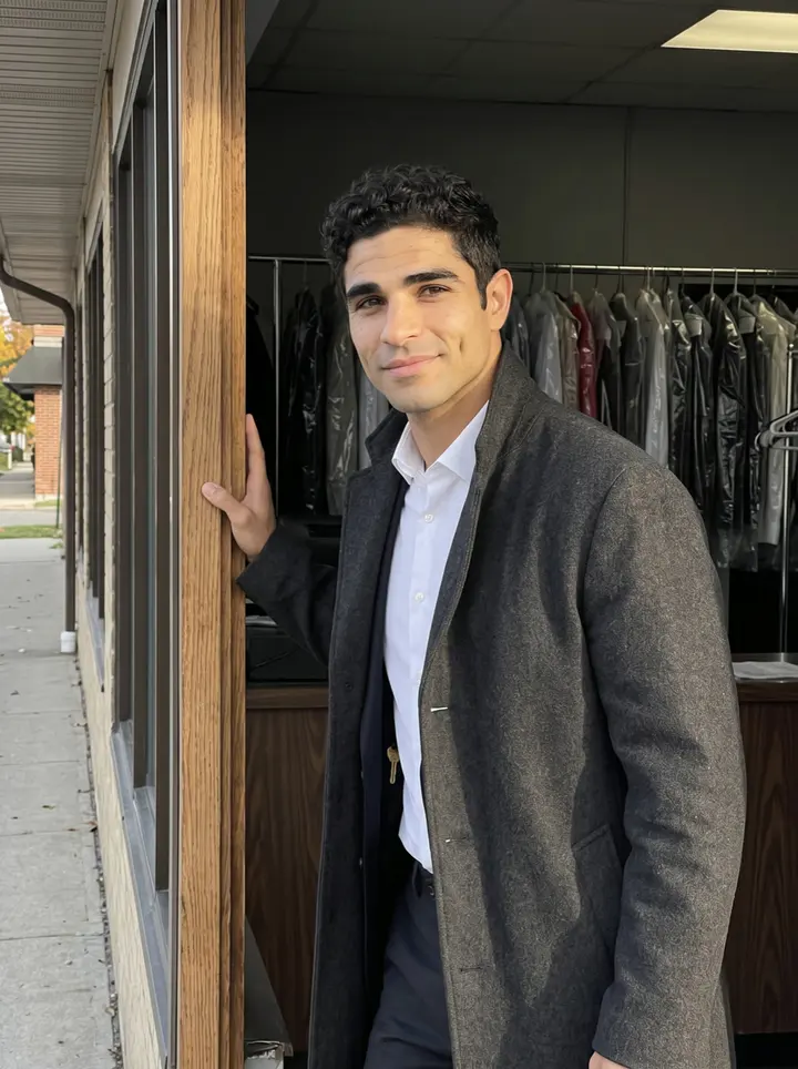 Idris, AI character: outside the side doorway of his dry cleaning shop in Dearborn, late afternoon, a row of hanging garment…