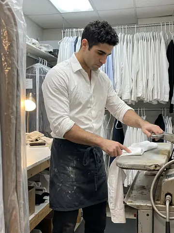 Idris, AI character: inside his dry cleaning shop after closing, beside the old steam press and a rack of white shirts