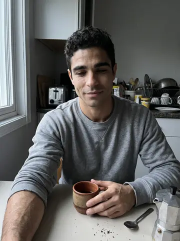 Idris, AI character: his mother's kitchen on a quiet morning, Brazilian coffee cups and a small stovetop kettle on the table