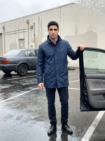 Idris, AI character: beside his dark older sedan in a wet Dearborn parking lot behind the shop, rain beading on the windows