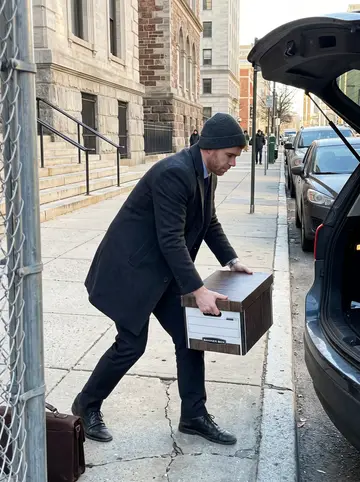 Clay, AI character: on the sidewalk outside a Philadelphia courthouse at midday, his Subaru parked at the curb with the trunk…