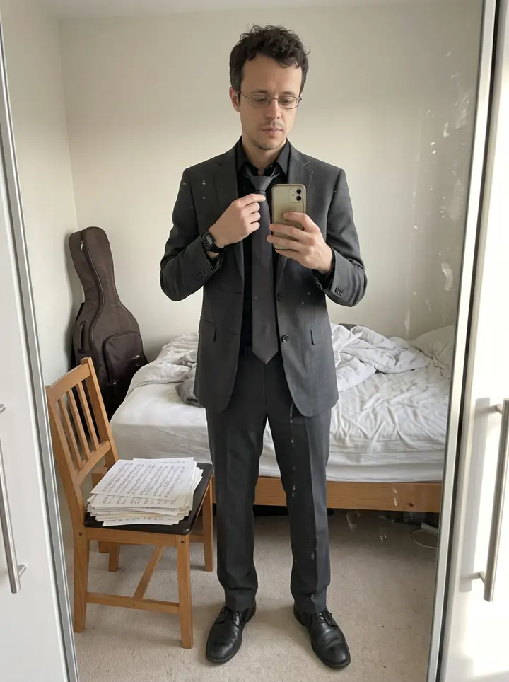Ward, AI character: in the fellowship hall of a Columbus church on a Saturday morning dress rehearsal in December, music…