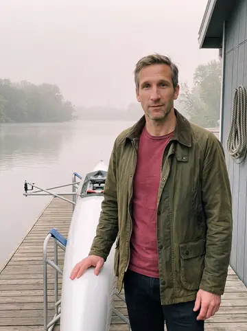 Archer, AI character: the Narragansett Boat Club dock on the Seekonk River at first light, a racing single scull resting on the…