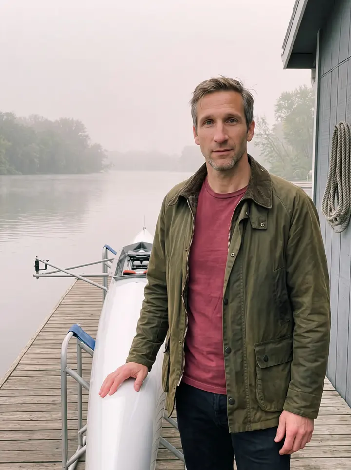 Archer, AI character: the Narragansett Boat Club dock on the Seekonk River at first light, a racing single scull resting on the…