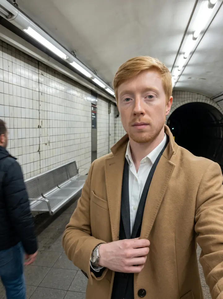 Russ, AI character: a quiet Mayfair side street, leaning against the black railings of a red-brick townhouse, a few bare…