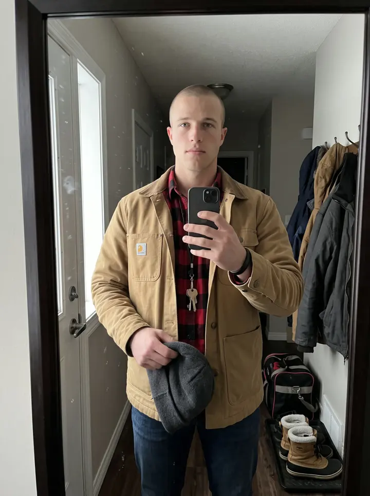 Kasper, AI character: on the frozen surface of White Bear Lake in January, leaning his shoulder against the sturdy plank door of…